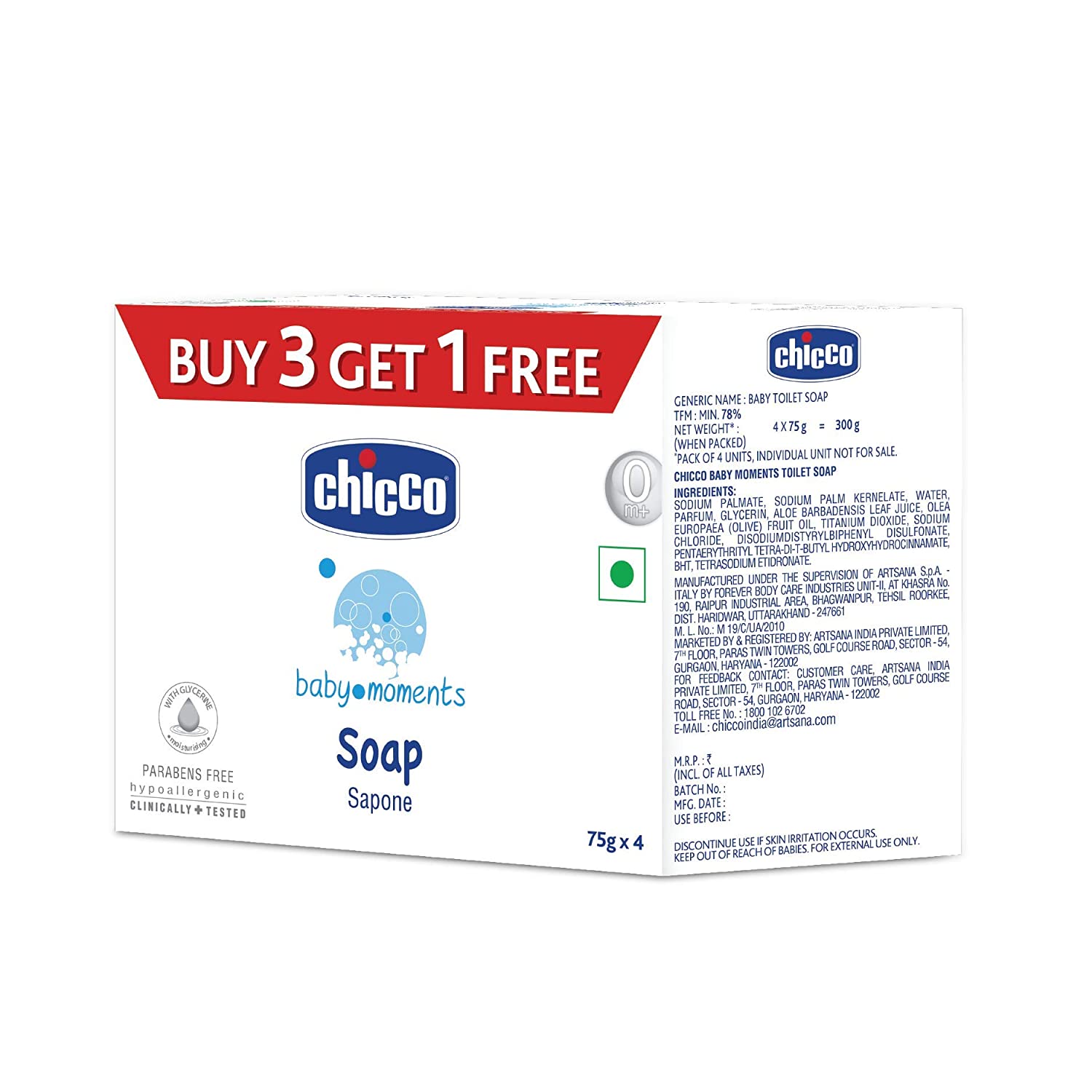 Chicco Baby Soap, Buy 3 Get 1 Free, (75g x Pack of 4)