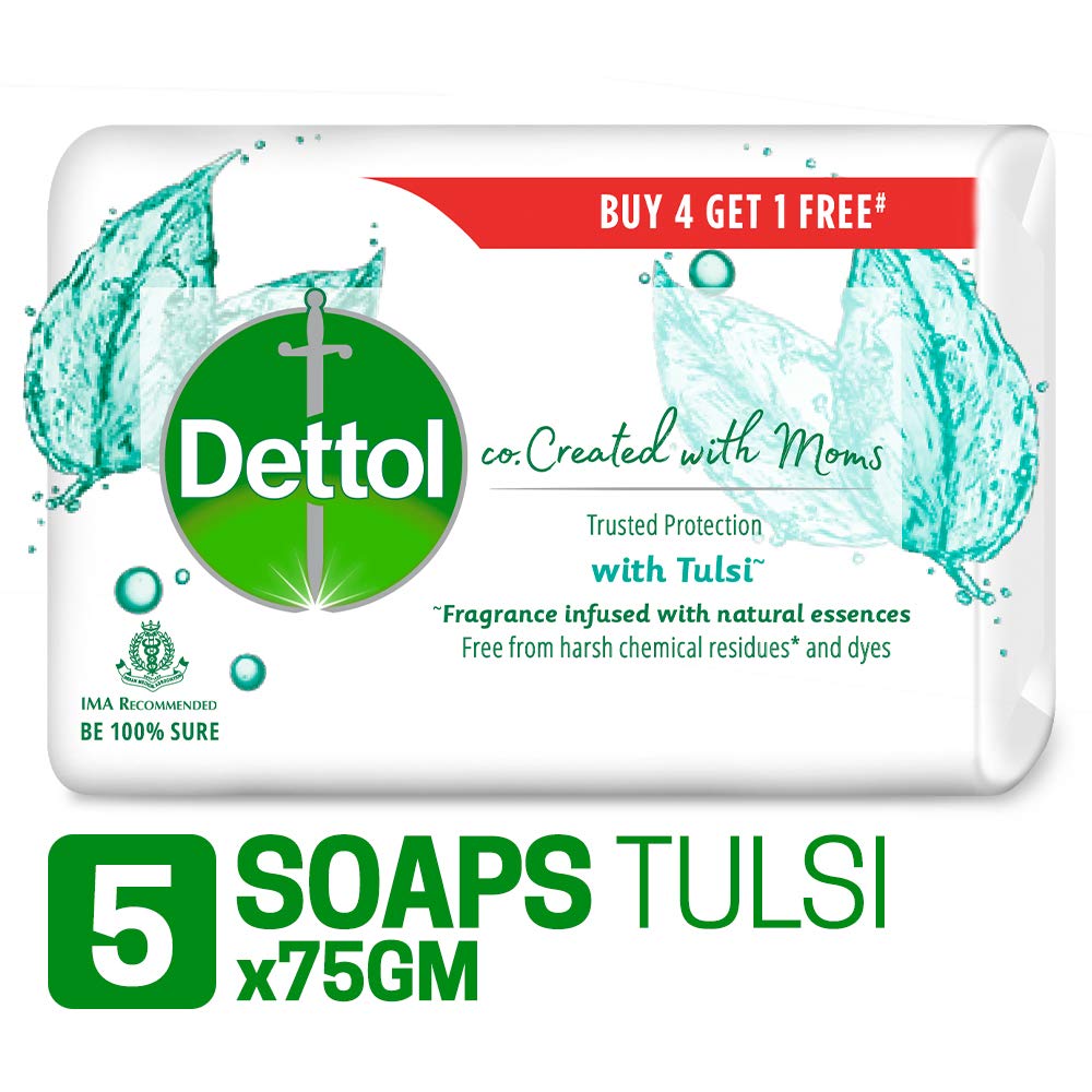 Dettol Co-created with moms Tulsi Beauty Bathing Soap, 75gm (Buy 4 Get 1 Free)