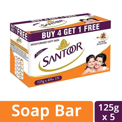 Santoor Sandal & Almond Milk Soap, 125 g (Buy 4 Get 1 Free)